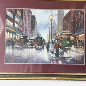 Signed Robert Lebron print of “Market Street” with horse and carriage